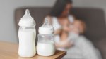 Milk bottles filled with breast milk from a breastfeeding mom